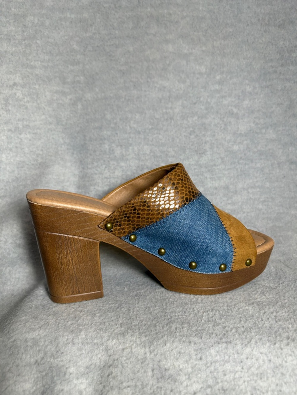 COMFORT Y2K Style Faux Snakeskin & Suede with Denim Patchwork Platform Mules